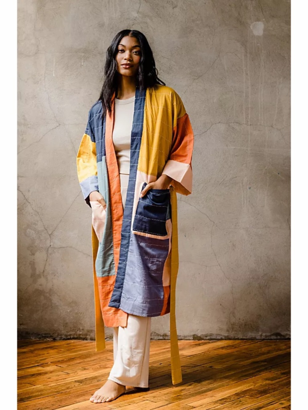 ANCHAL Colorblock Cotton Robe Free People Dolman Kimono Sleeve Boho Loungewear - Picture 2 of 14
